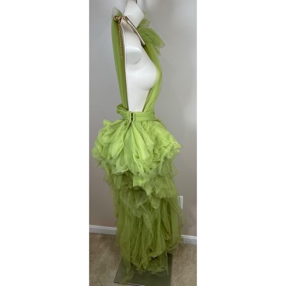 Bronx and Banco Taraji One Shoulder Tulle Tiered High Low Maxi Green Gown Sz XS - Picture 12 of 15